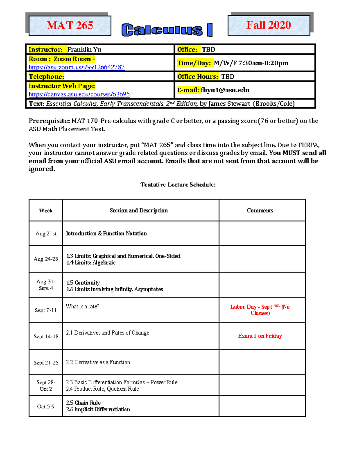 265 Syllabus Fall 2020 Yu Final 2 - Prerequisite: MAT 170-Pre-calculus ...