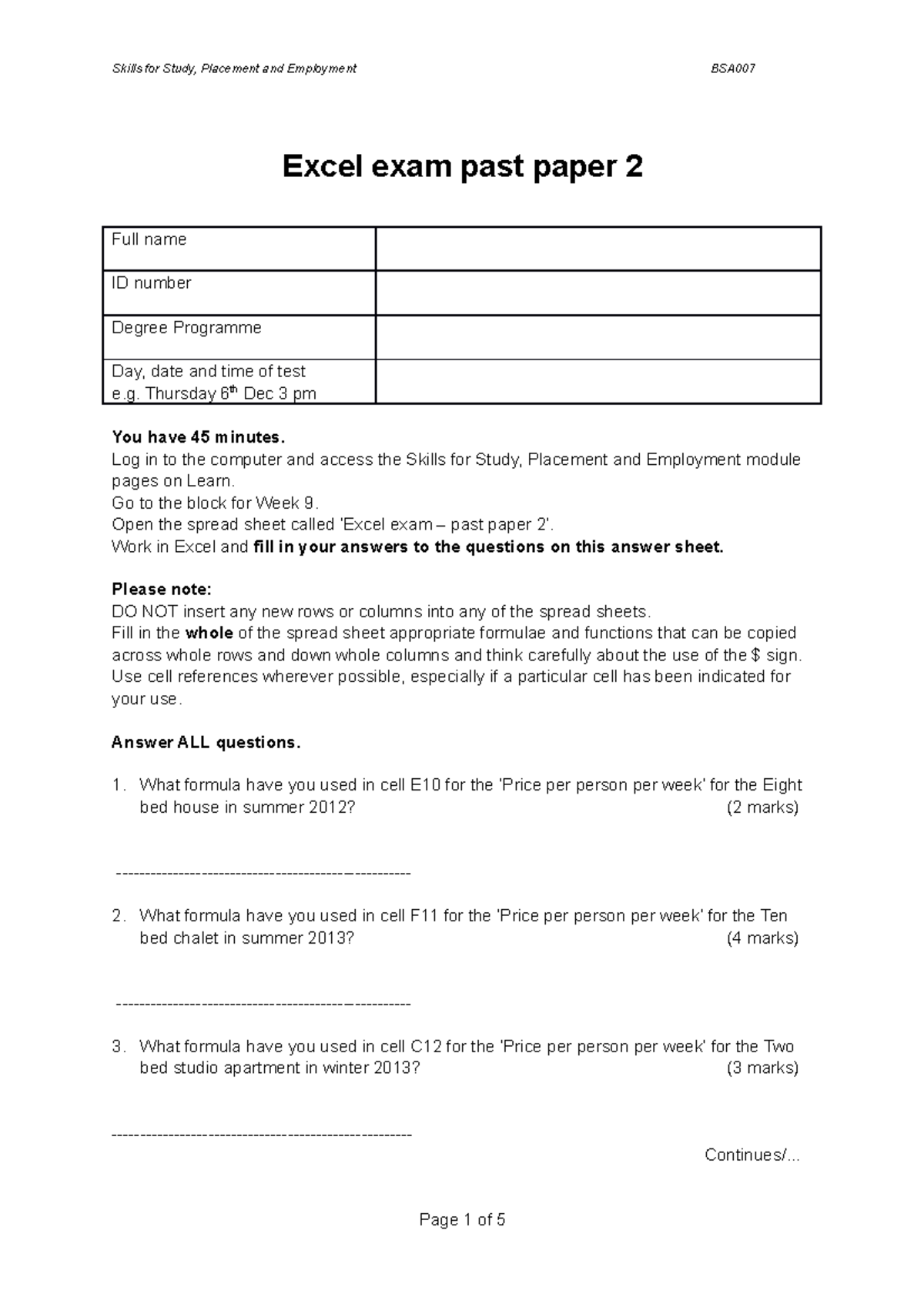 EXCEL Exam PP2 ANS - Excel exam past paper 2 Full name ID number Degree ...
