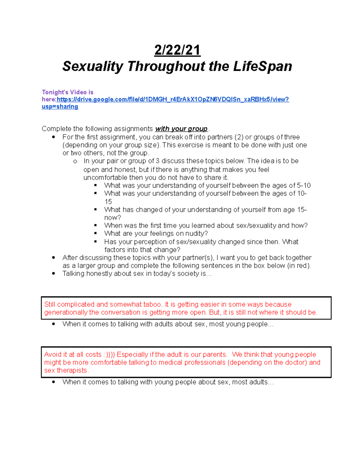 Human Sexuality Lecture Notes 5 2 22 Sexuality Throughout The Lifespan Tonight’s Video Is