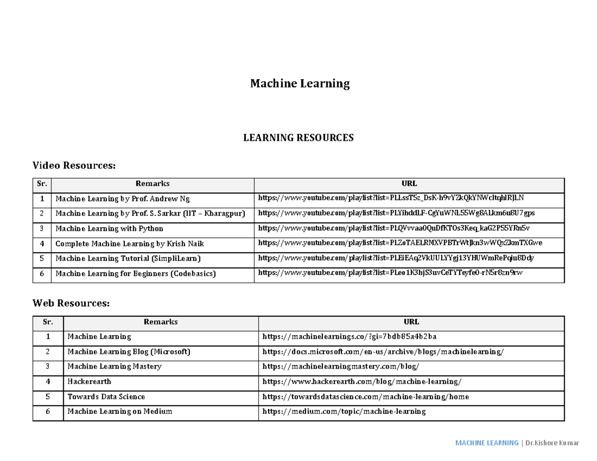 ML Learning Resources - USEFUL INFORMATION - LEARNING RESOURCES Video ...