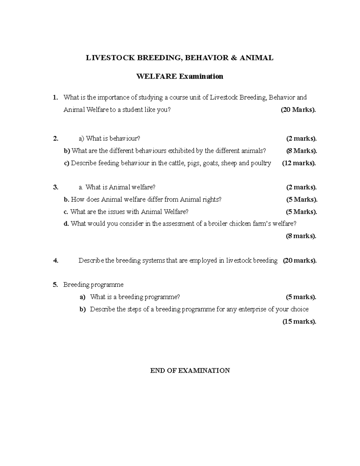 Livestock Breeding Examination LIVESTOCK BREEDING, BEHAVIOR