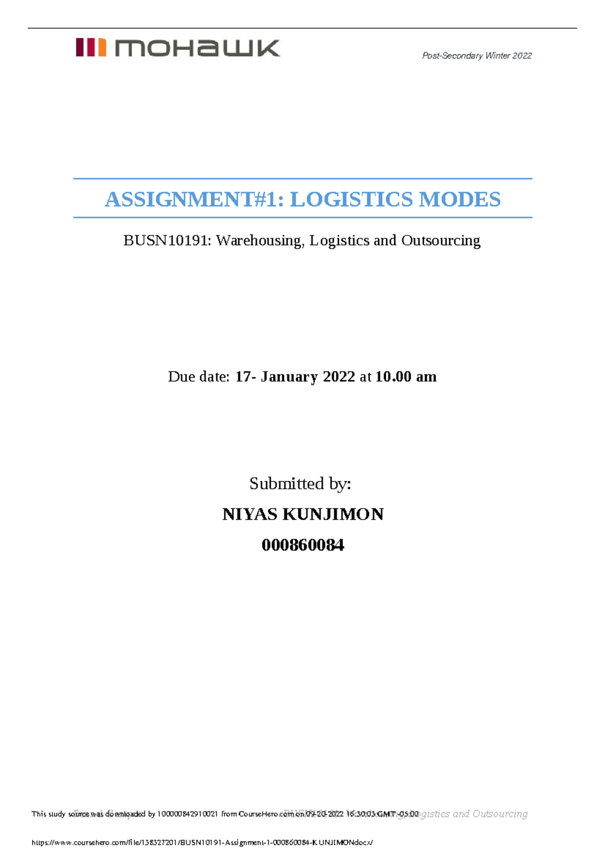 BUSN10191 Assignment 1 000860084 - ASSIGNMENT#1: LOGISTICS MODES ...