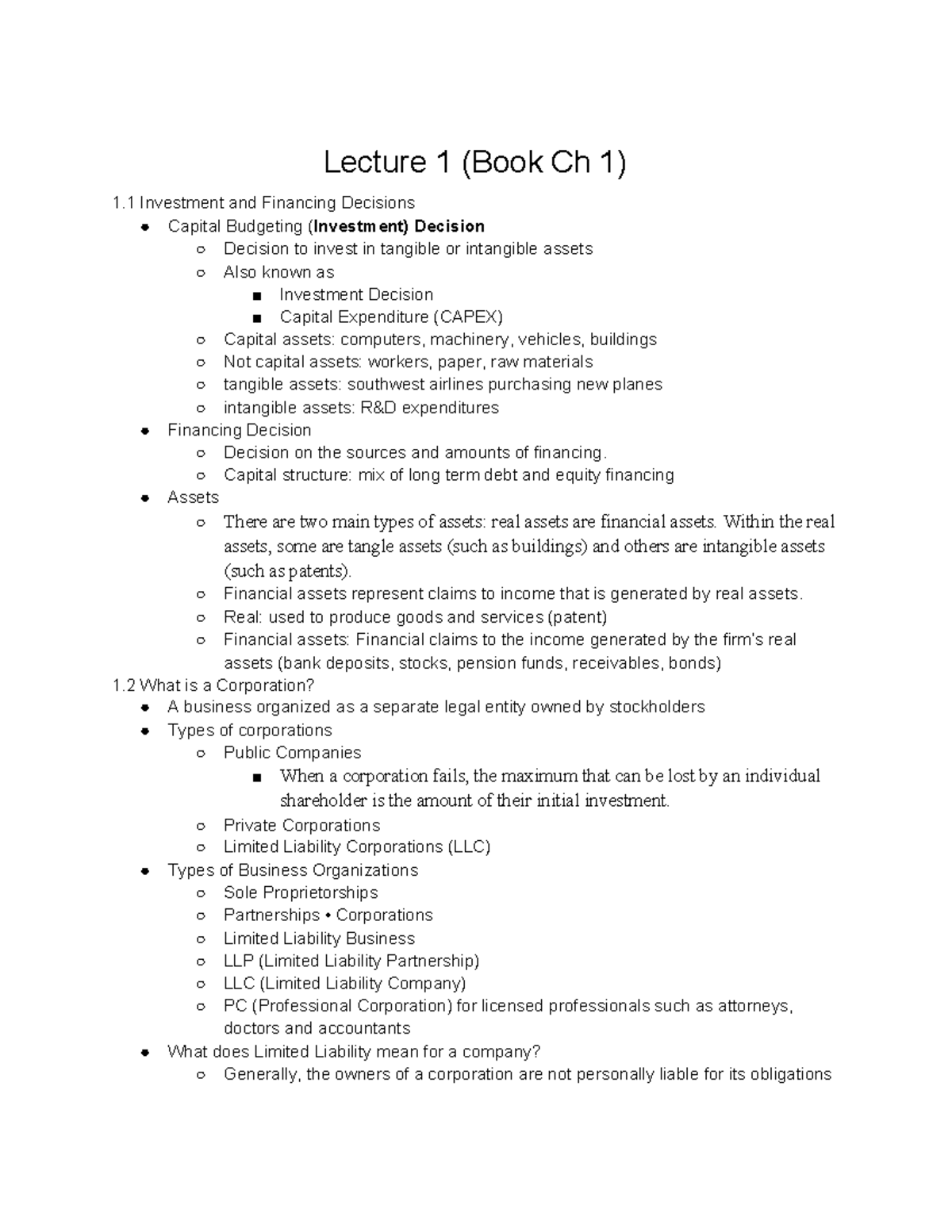 Finance Midterm Study Guide - Lecture 1 (Book Ch 1) 1 Investment And ...