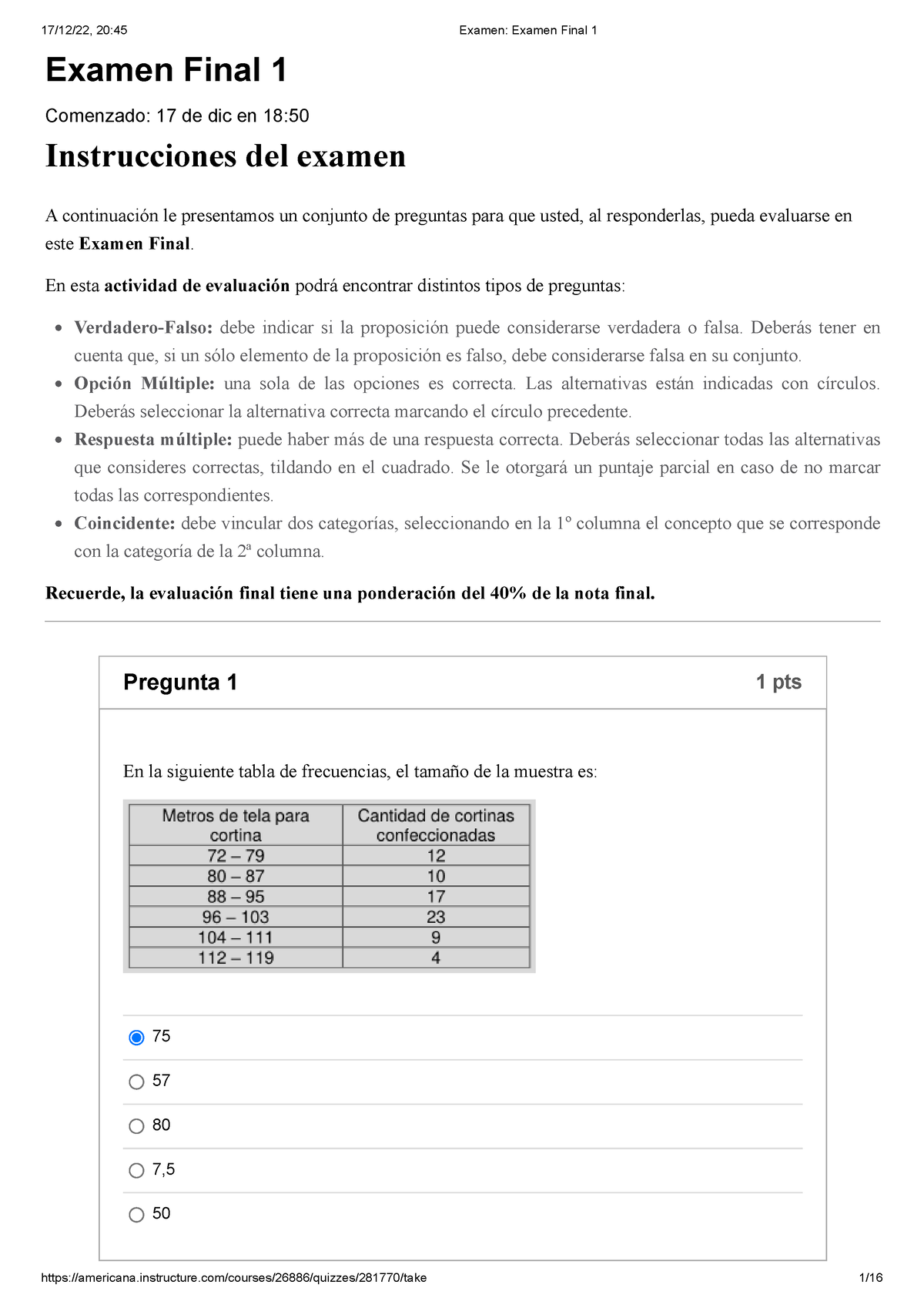 Examen Examen Final 1 Estadistica - Examen Final 1 Comenzado: 17 De Dic ...