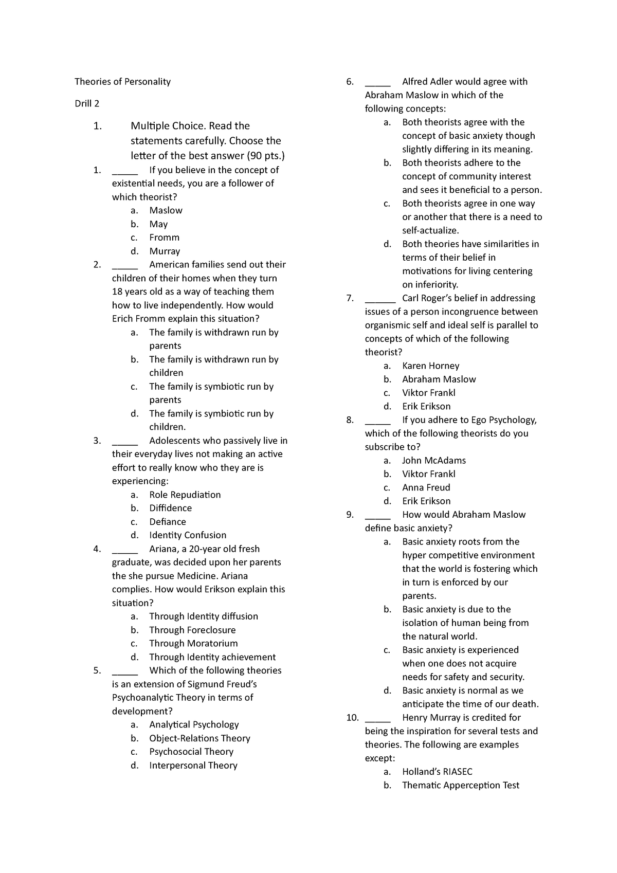 Theories of Personality Drill 2 - Multiple Choice. Read the statements ...