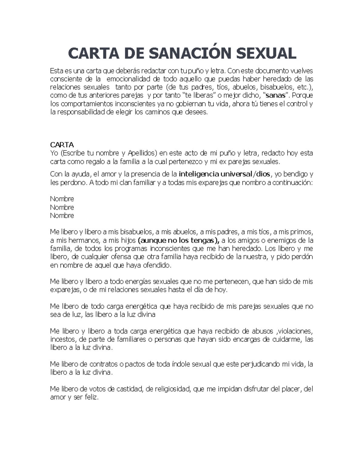 Carta DE Sanación Sexual - CARTA DE SANACIÓN SEXUAL Esta es una carta que  deberás redactar con tu - Studocu