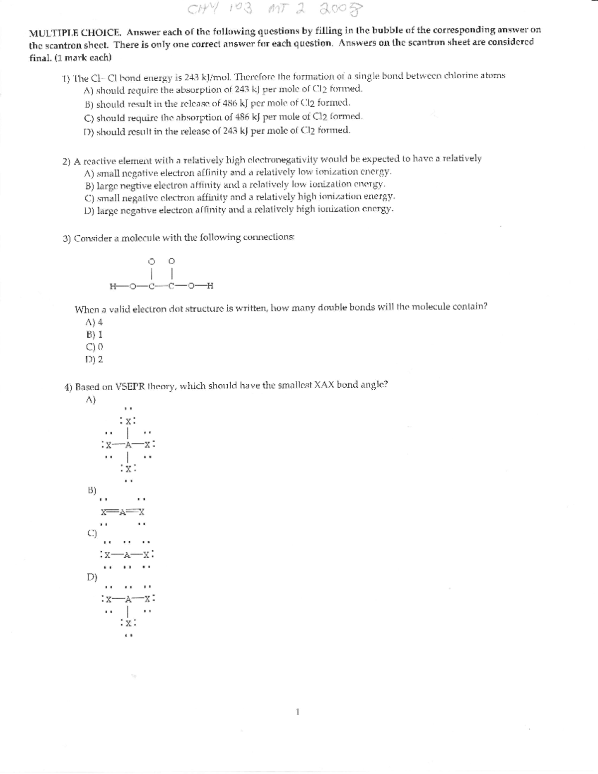 2008 CHY 103 midterm 2 - notes for CHY103 - Ctl