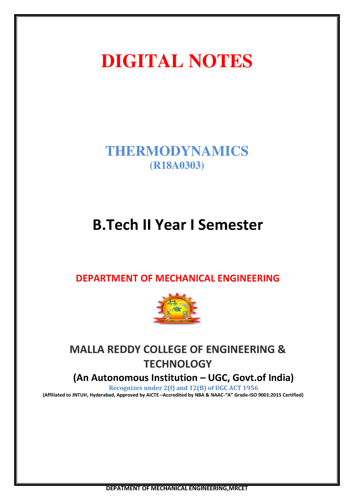 1. Notes - Hello Hii - DEPATMENT OF MECHANICAL ENGINEERING,MRCET ...