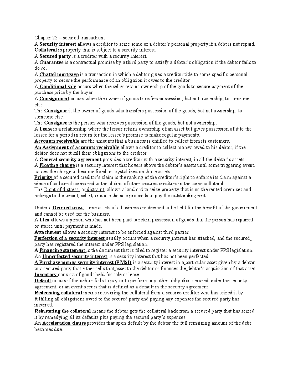 LAW TEST 2 LAW TEST 2 NOTES Chapter 22 secured transactions A Security interest allows a