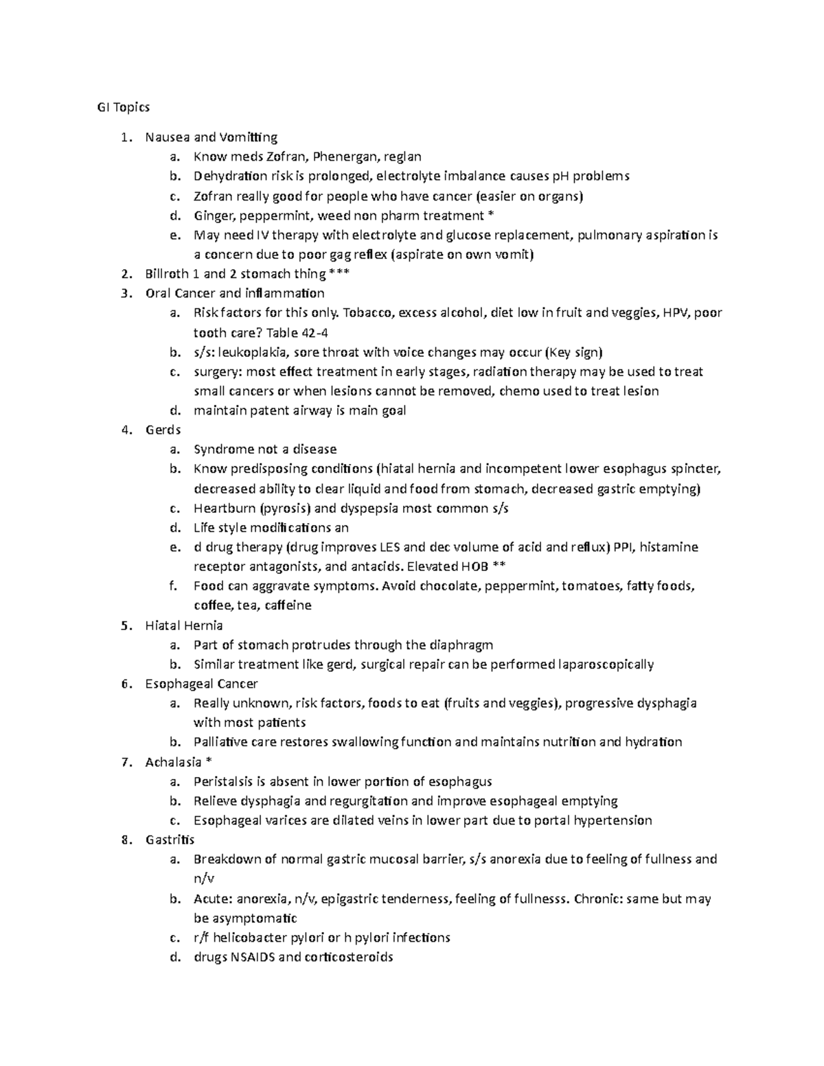 GI Topics 1341 - Lecture notes 5 - GI Topics Nausea and Vomitting a ...