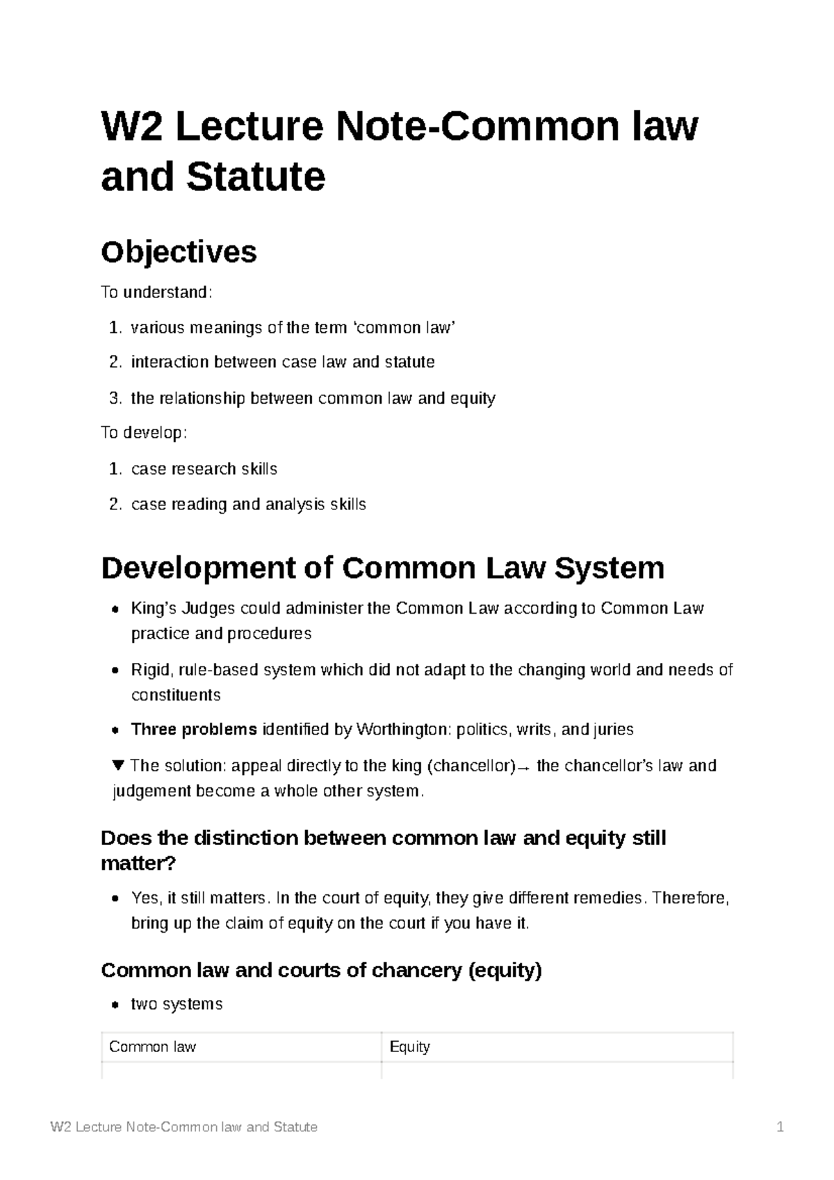 W2 Lecture Note-Common law and Statute - W2 Lecture Note-Common law and ...