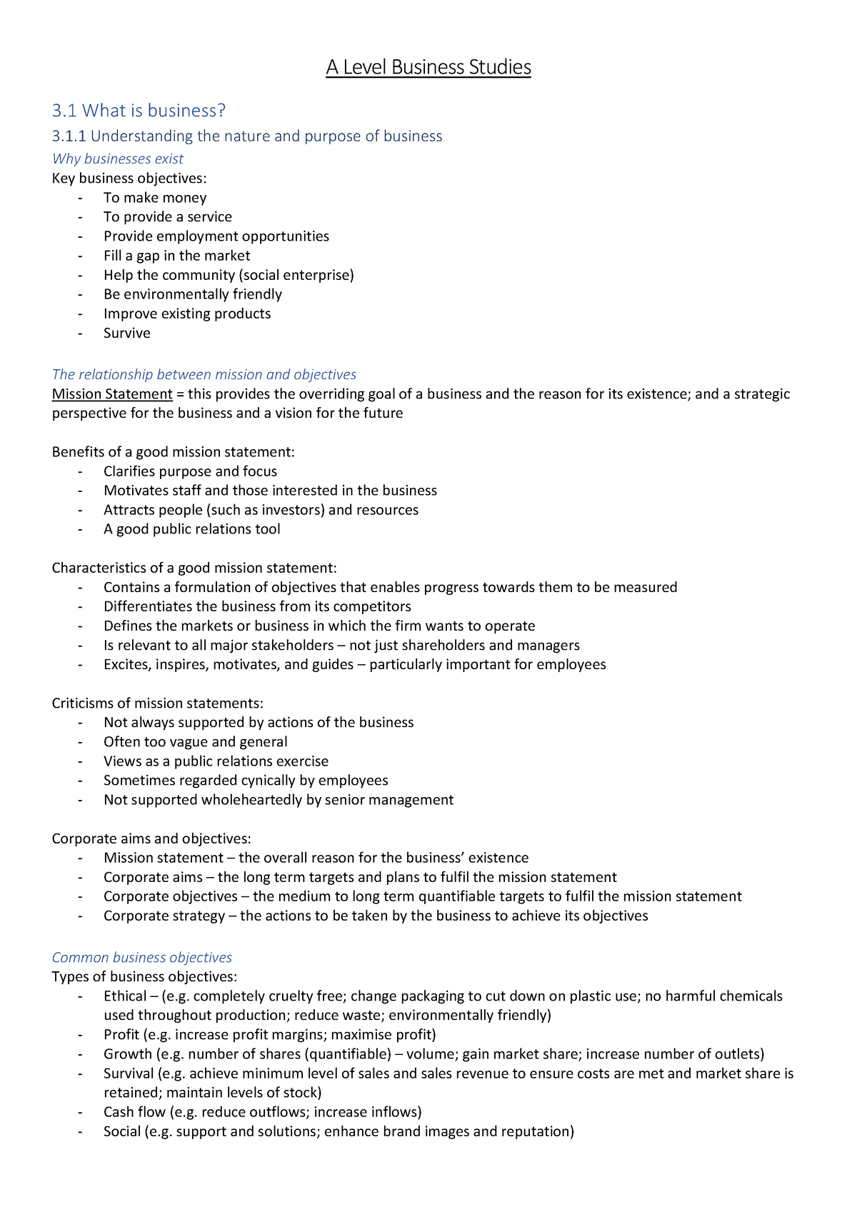 Complete Business Revision Notes - A Level Business Studies 3 What is ...