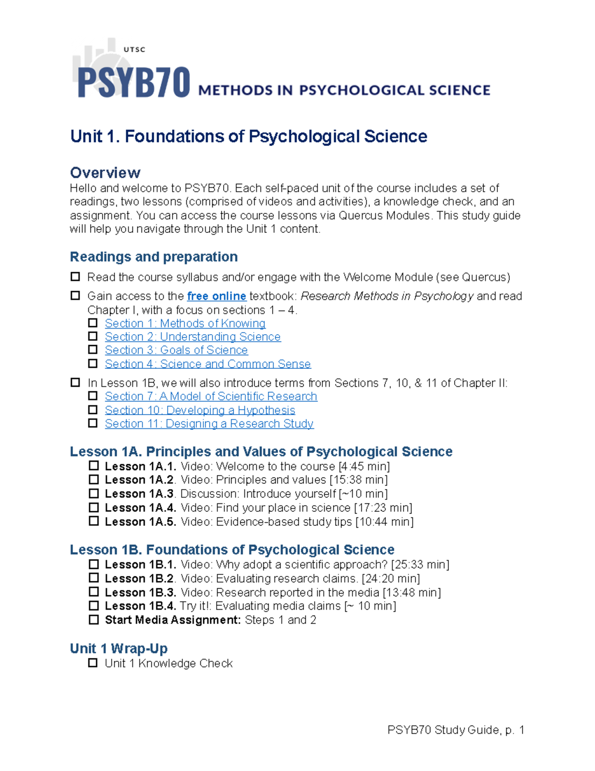 Unit 1 Study Guide - Unit 1. Foundations Of Psychological Science ...