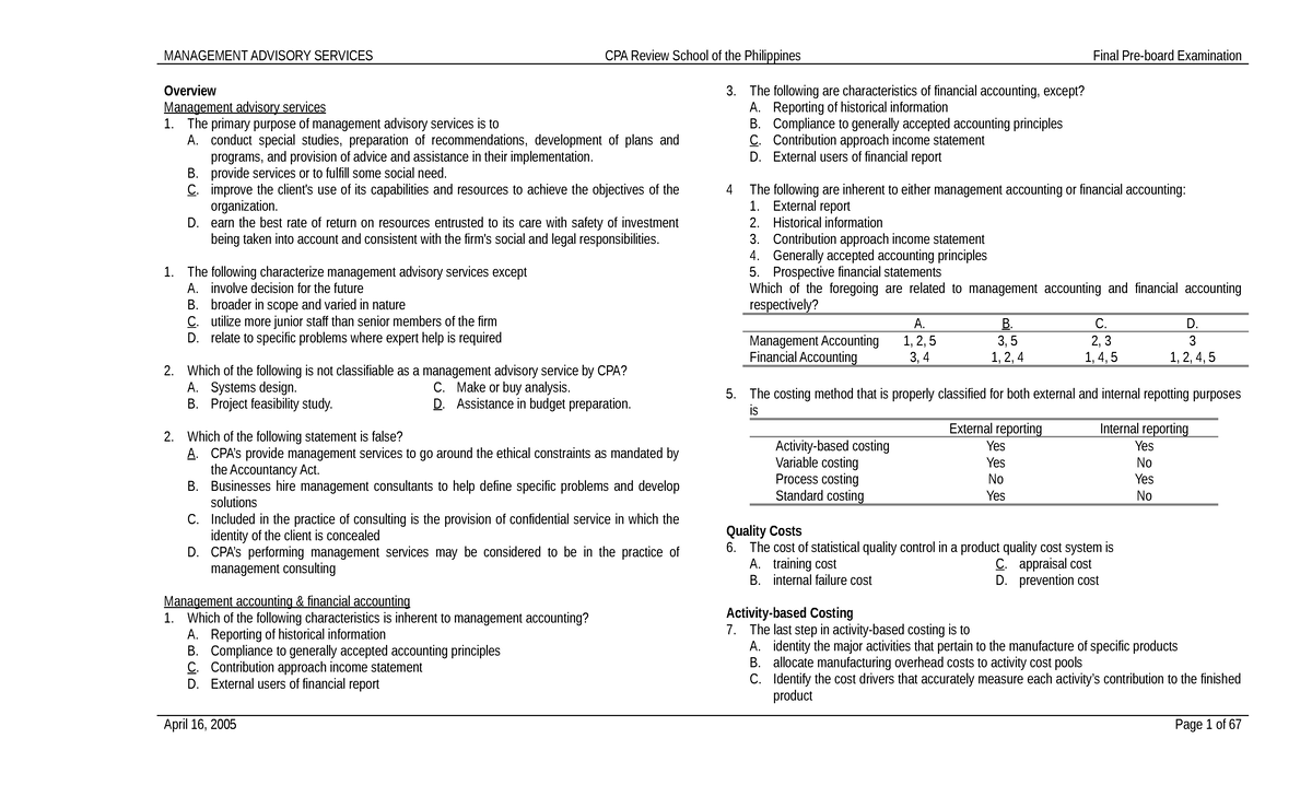 Management Advisory Services CPA Review Overview Management advisory