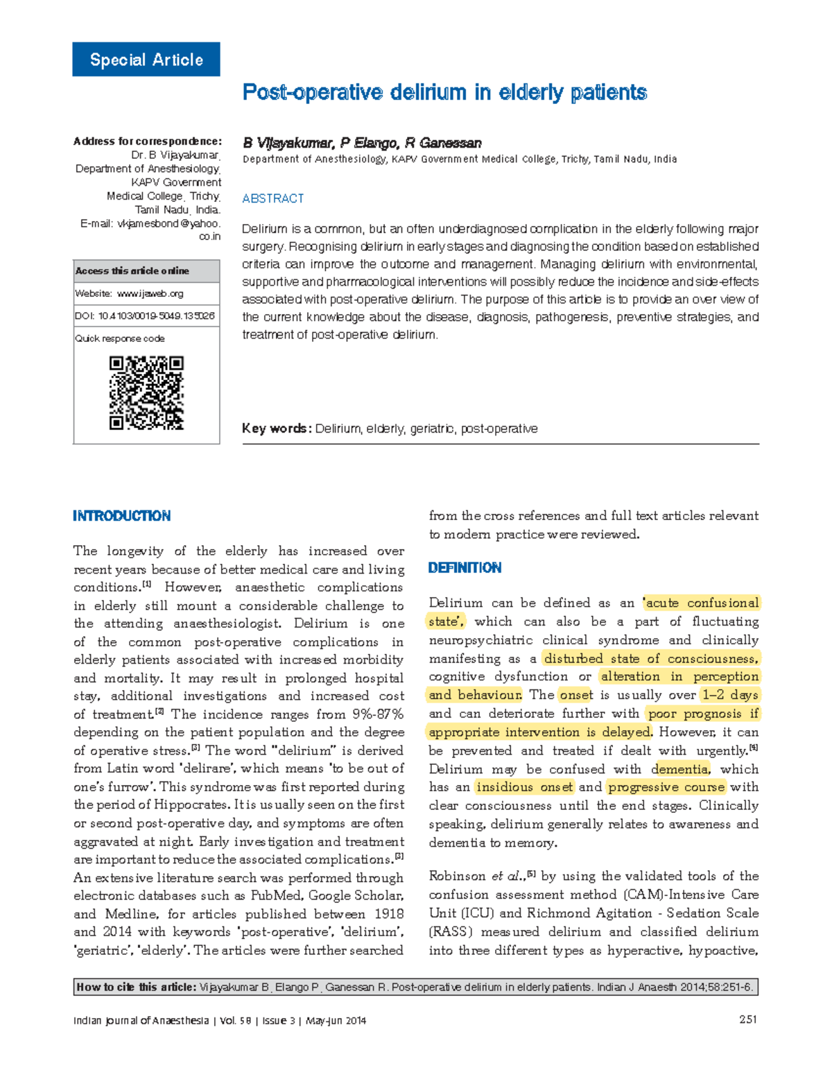 Delirium post operatively in the Elderly notes - INTRODUCTION The ...