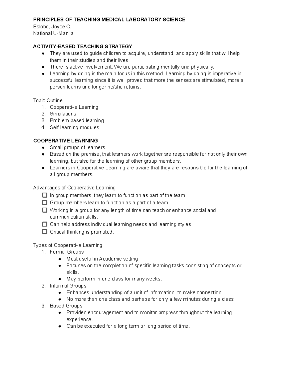 Activity- Based Teaching Strategy - PRINCIPLES OF TEACHING MEDICAL ...