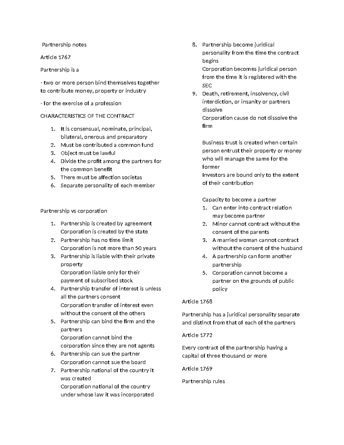 Partnership notes - review - Partnership notes Article 1767 Partnership ...