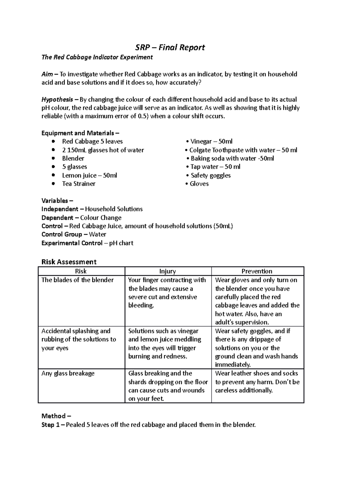 SRP1 Y10 Science SRP SRP Final Report The Red Cabbage Indicator