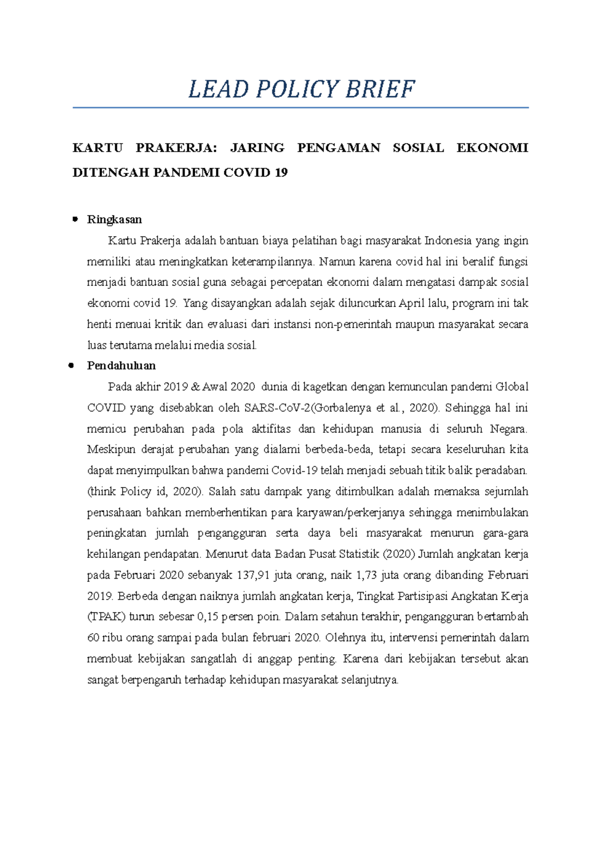LEAD Policy Brief - rugas kuliah - LEAD POLICY BRIEF KARTU PRAKERJA ...
