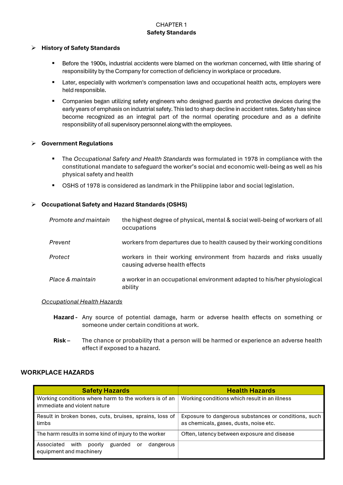 Chapter-1-student - CHAPTER 1 Safety Standards History of Safety ...