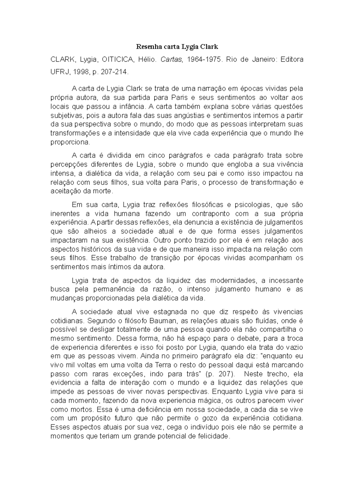 Resenha da carta de Lygia Clark Resenha carta Lygia Clark CLARK