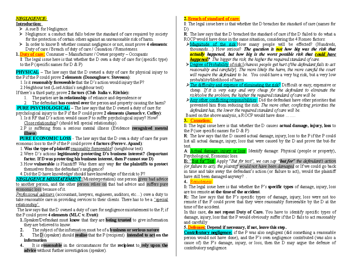 Cheat sheet for mid terms - NEGLIGENCE: Introduction: A sue B for ...