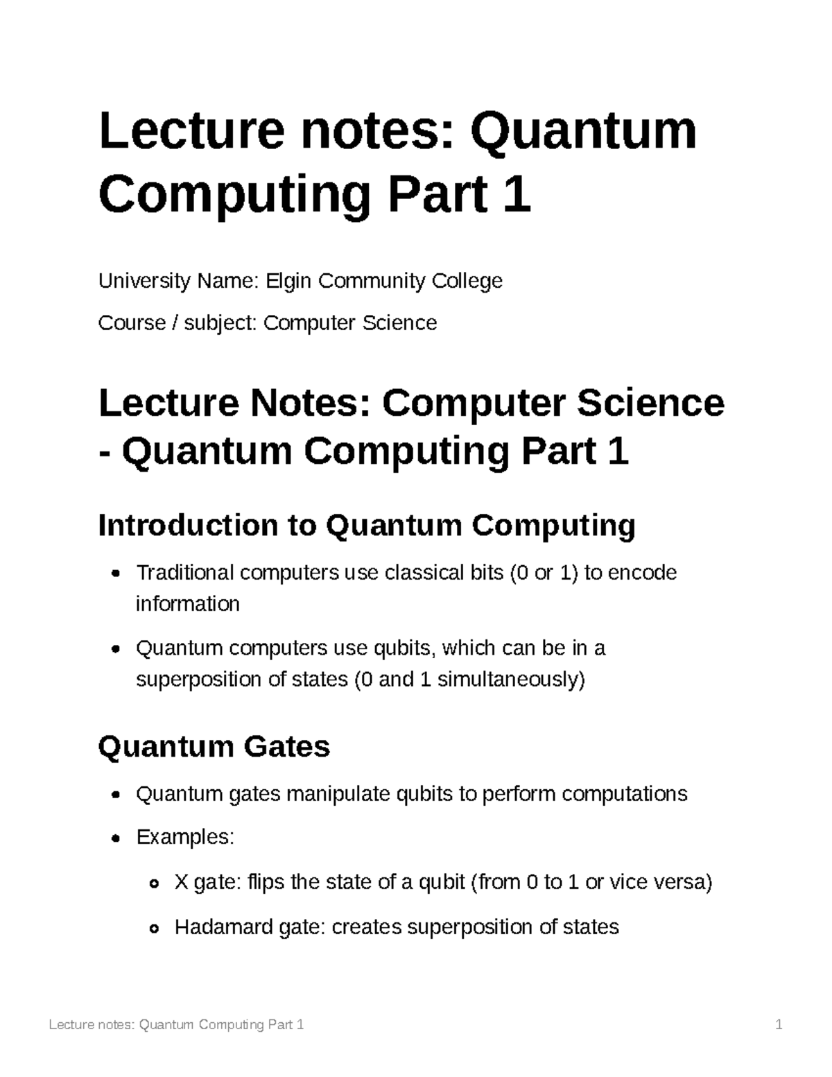 Lecture Notes Quantum Computing Part 1 - Lecture Notes: Quantum ...