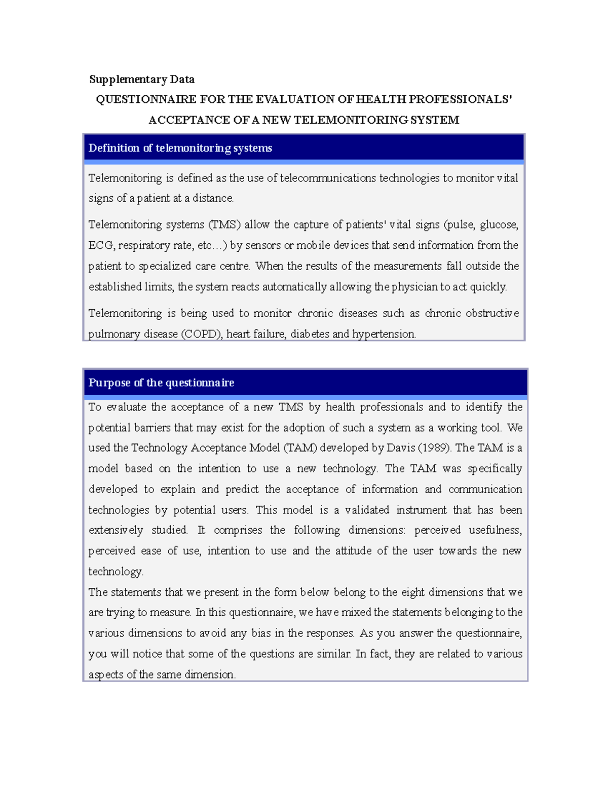 Supp Data - dfdfds - Supplementary Data QUESTIONNAIRE FOR THE ...