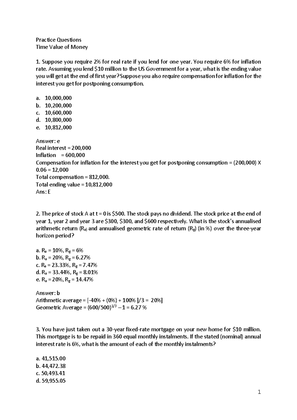 TVM practice 2 qns and ans - 1 Practice Questions Time Value of Money ...