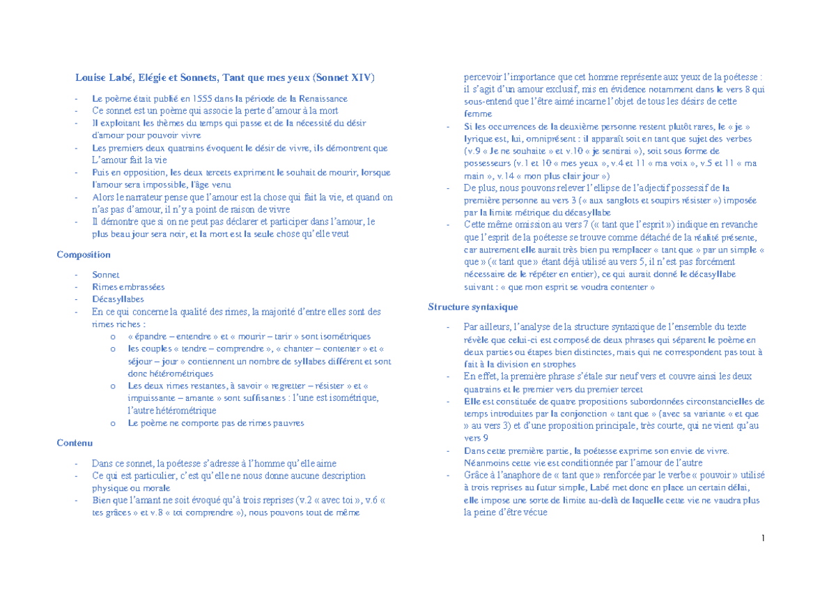 Labé Tant que mes yeux - Zusammenfassung des Gedichts - 1 Louise Labé