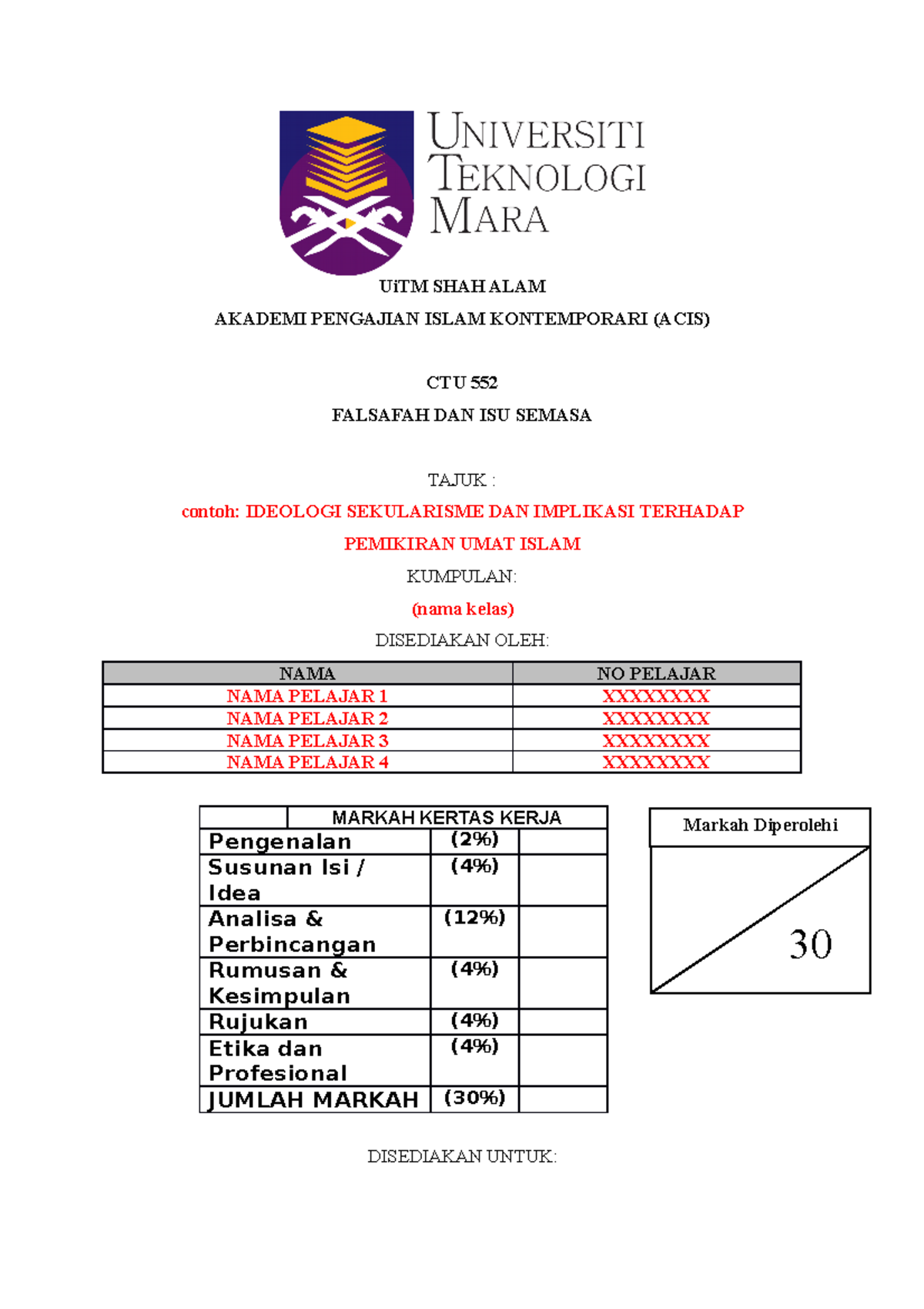 Format Muka Depan CTU552 - UiTM SHAH ALAM AKADEMI PENGAJIAN ISLAM ...