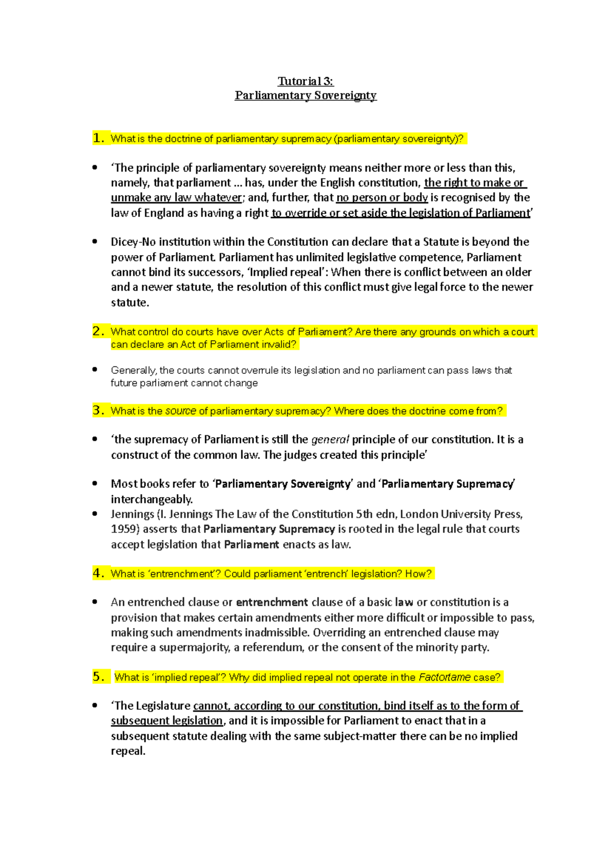 Tutorial 3- Parliamentary Sovereignty - Tutorial 3: Parliamentary ...