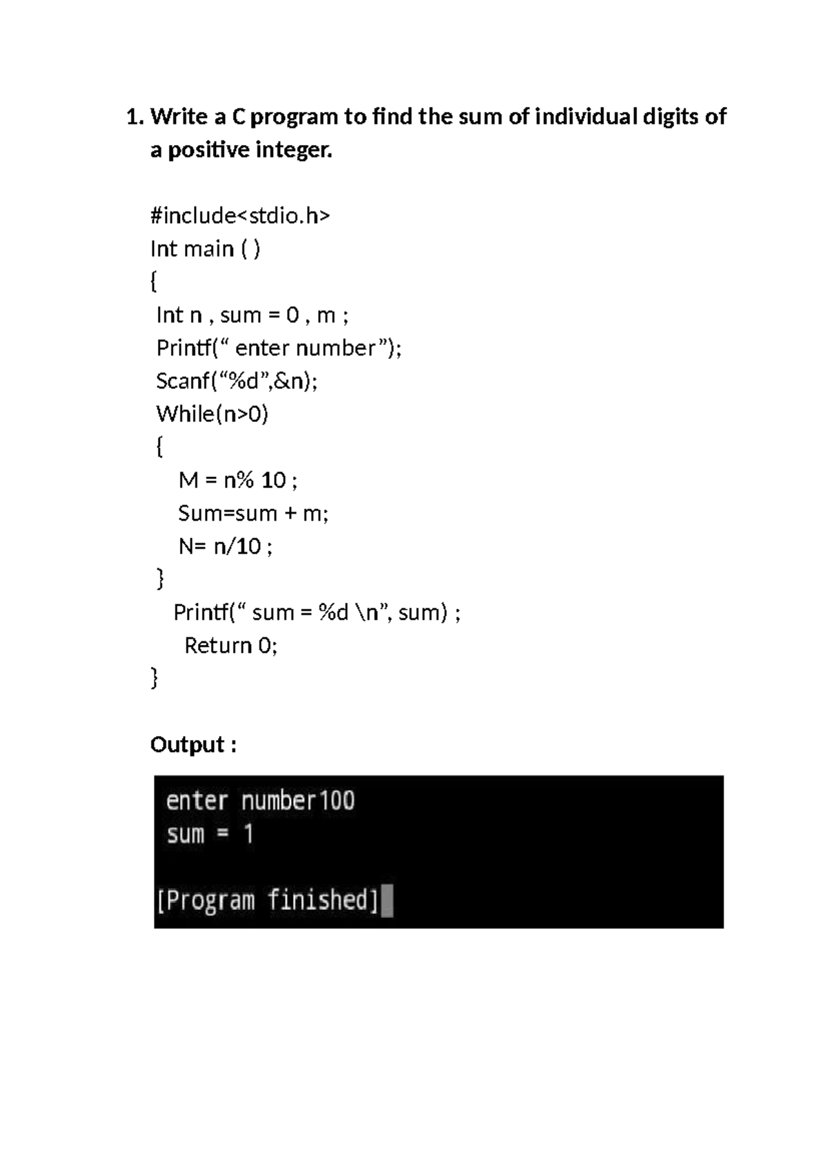 Cpds Lab Sem 1 Cpds Write A C Program To Find The Sum Of Individual Digits Of A Positive 4981