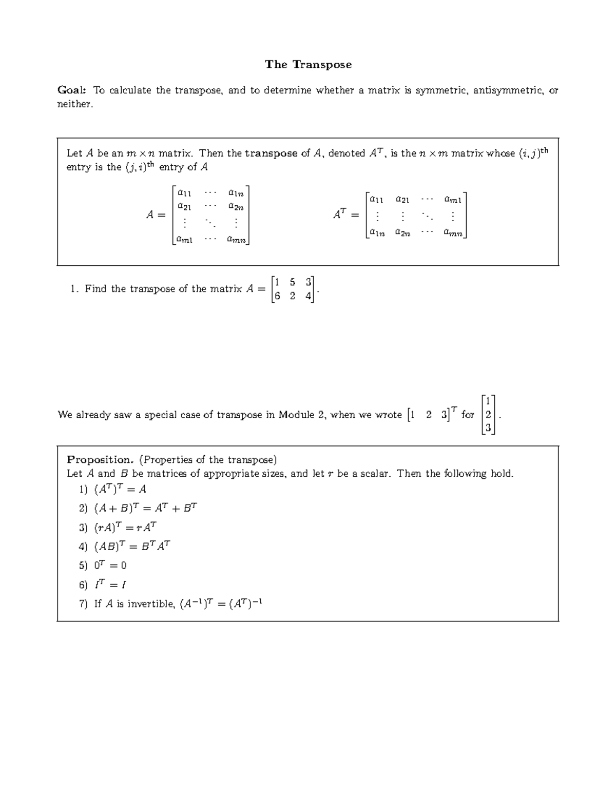 Worksheet 05-M3 - Practice - The Transpose Goal: To calculate the ...