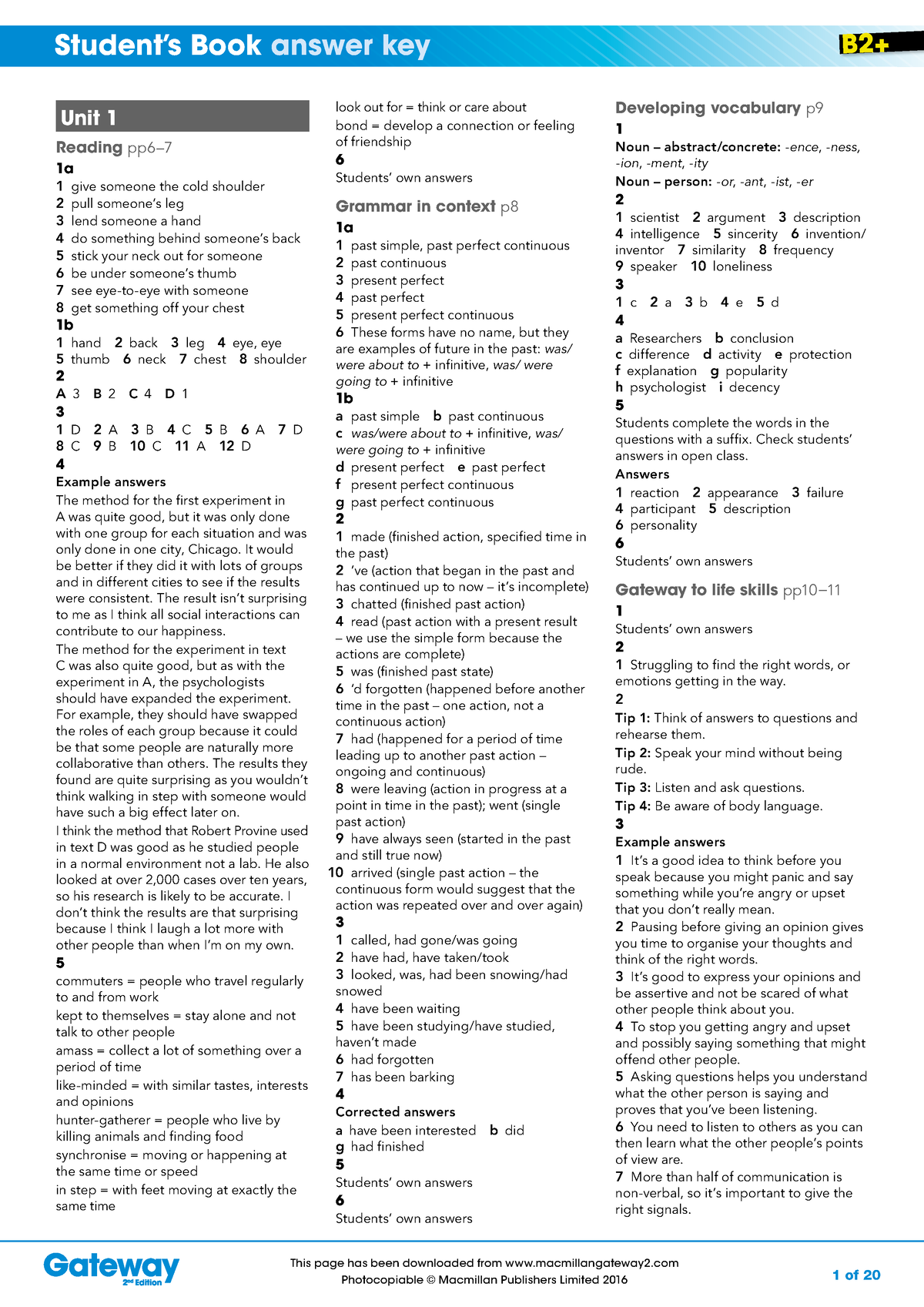 B2+ Student's Book Answer Key - 1 Of 20 Look Out For = Think Or Care ...