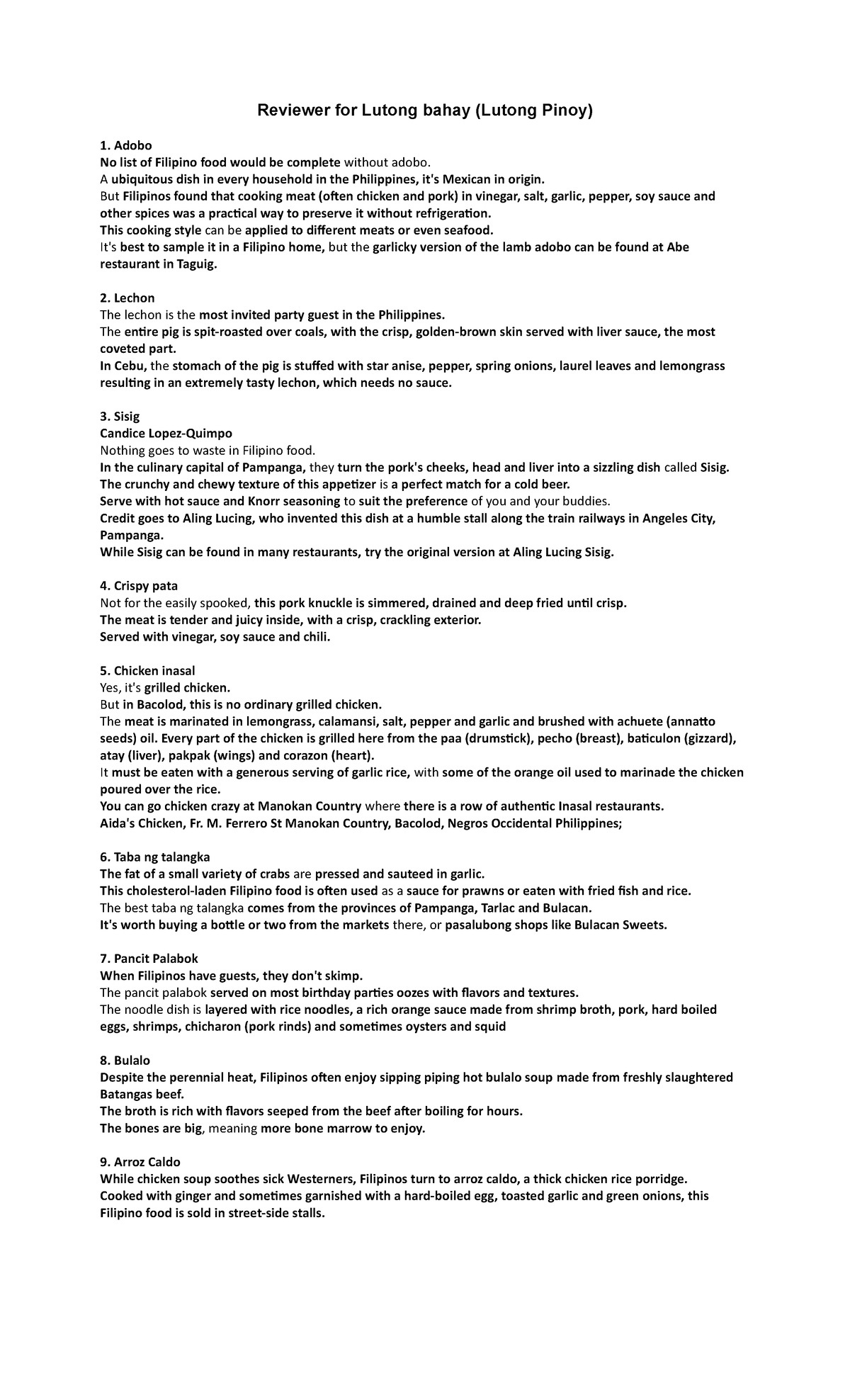 Quizbowl Reviewer Study guide Reviewer for Lutong bahay (Lutong