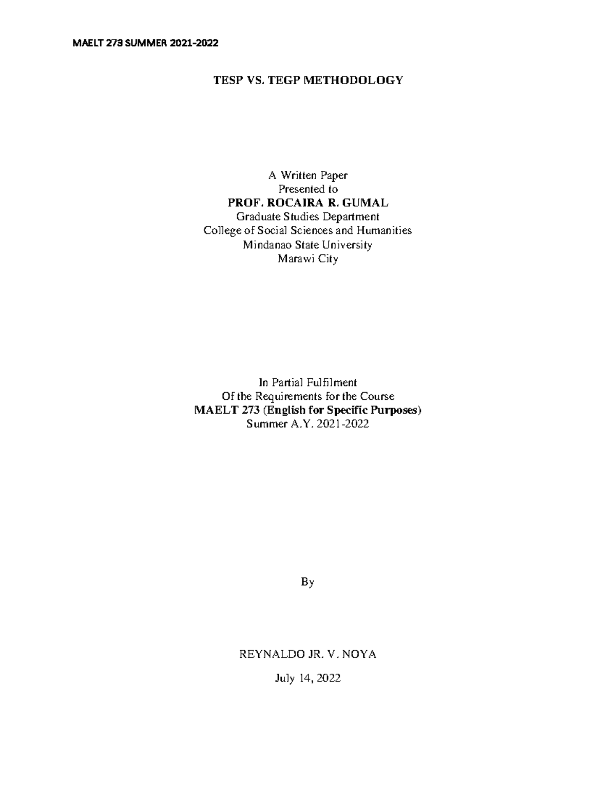 Maelt 273 Second Written Report -NOYA, Reynaldo Jr., V - TESP VS. TEGP ...