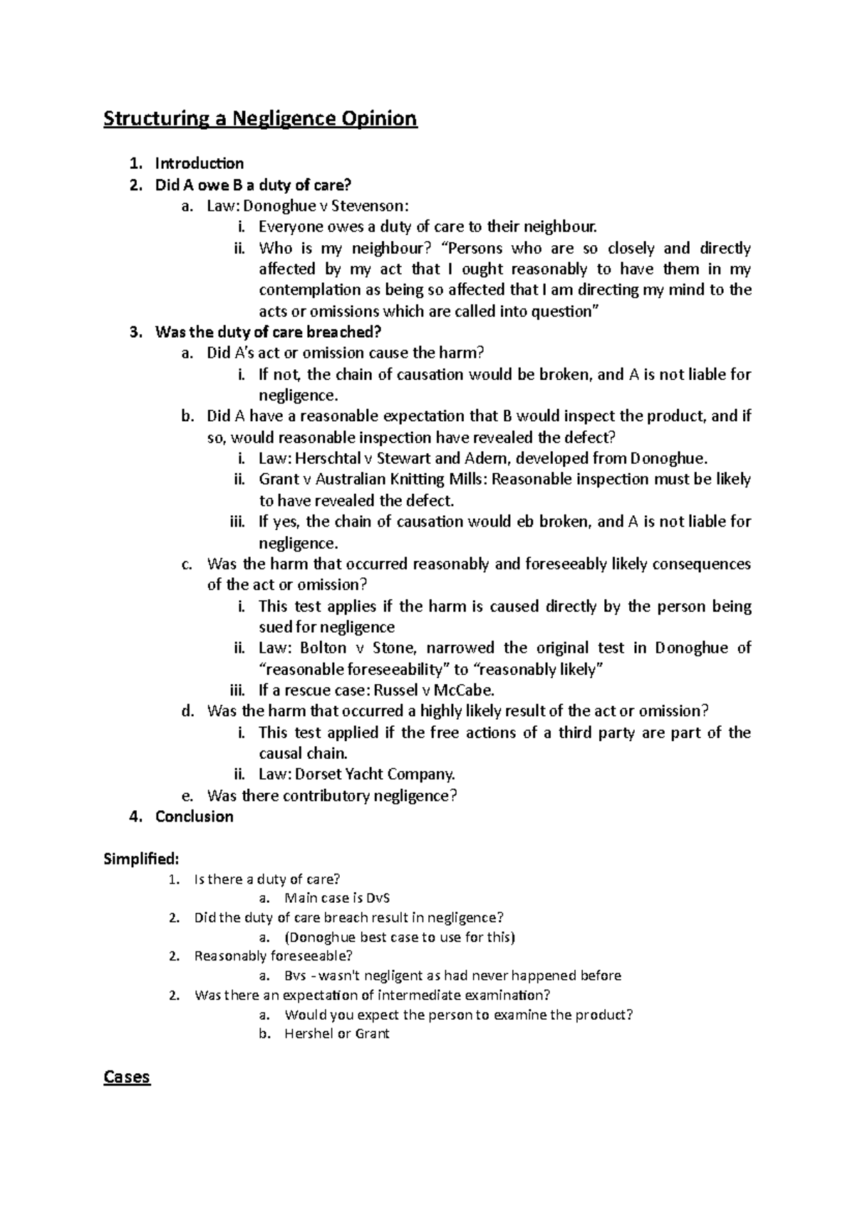 Negligence case plan - Introduction to Law - University of Otago - Studocu