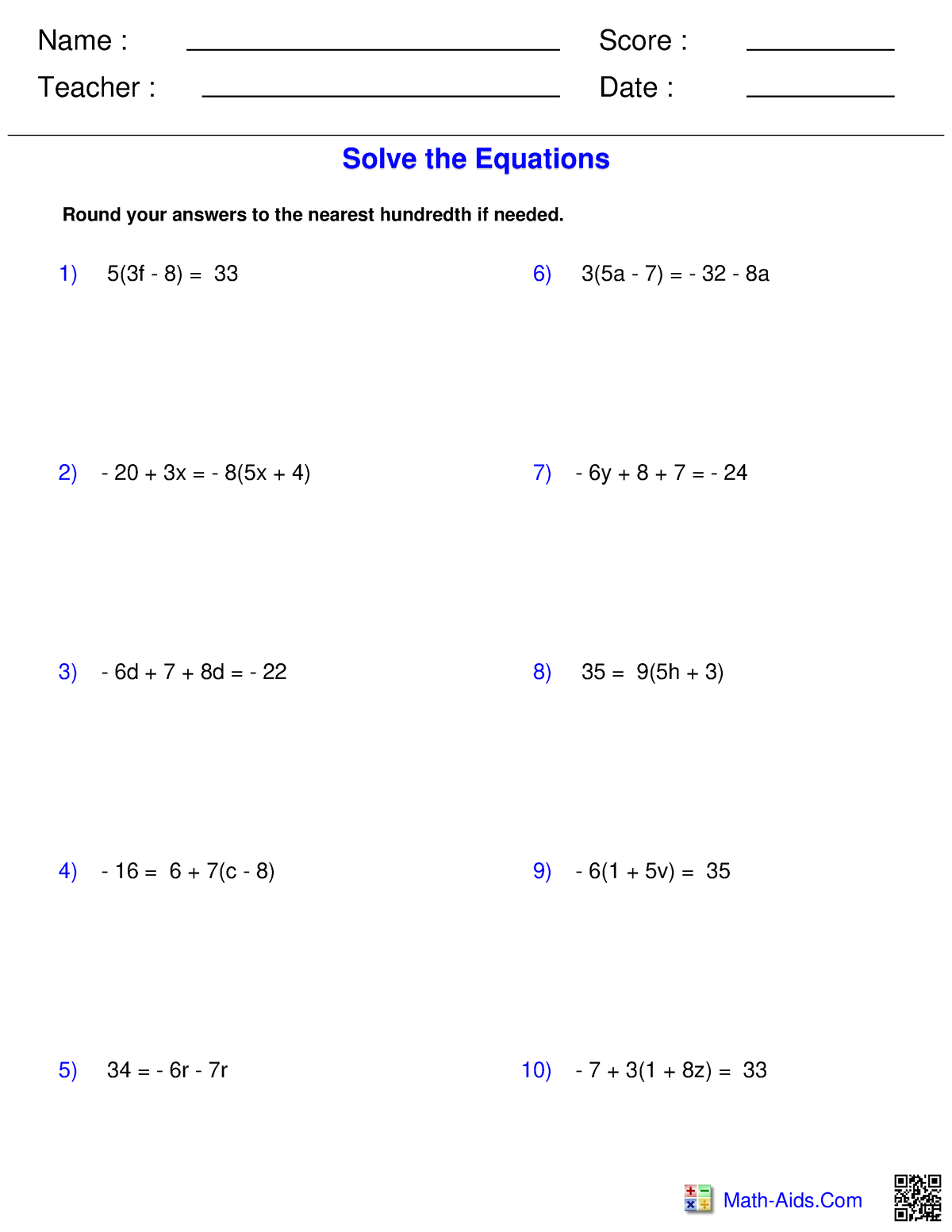 Pre-algebra equations multiple integers - Name : Teacher : Date : Score ...