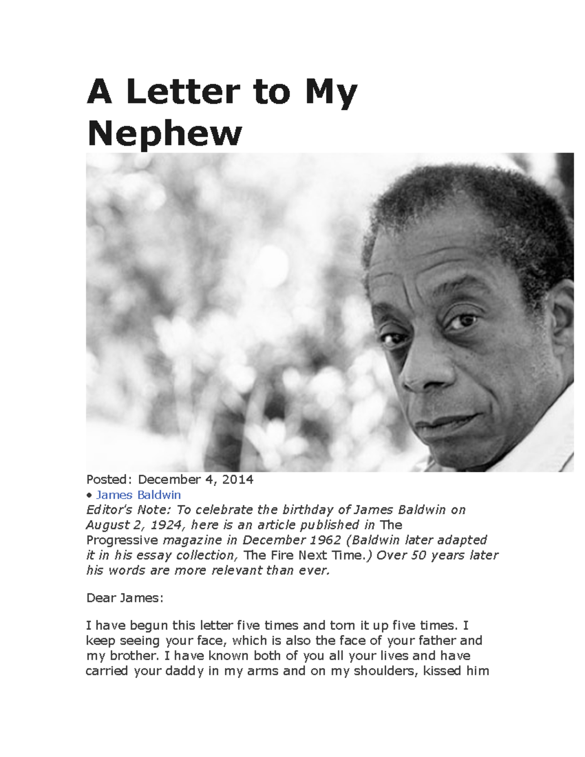 A Letter to My Nephew James Baldwin - A Letter to My Nephew Posted:  December 4, 2014 James Baldwin - Studocu