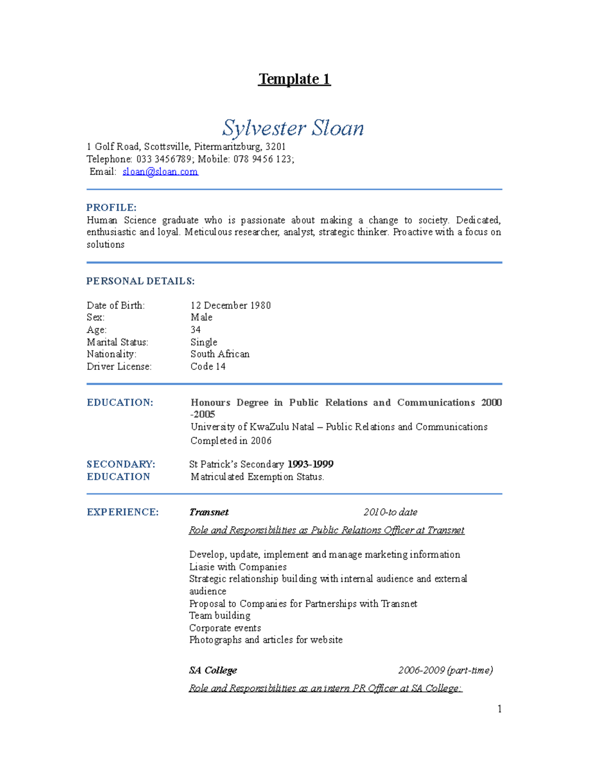 10-CV-templates - Assignment help - Template 1 Sylvester Sloan 1 Golf ...