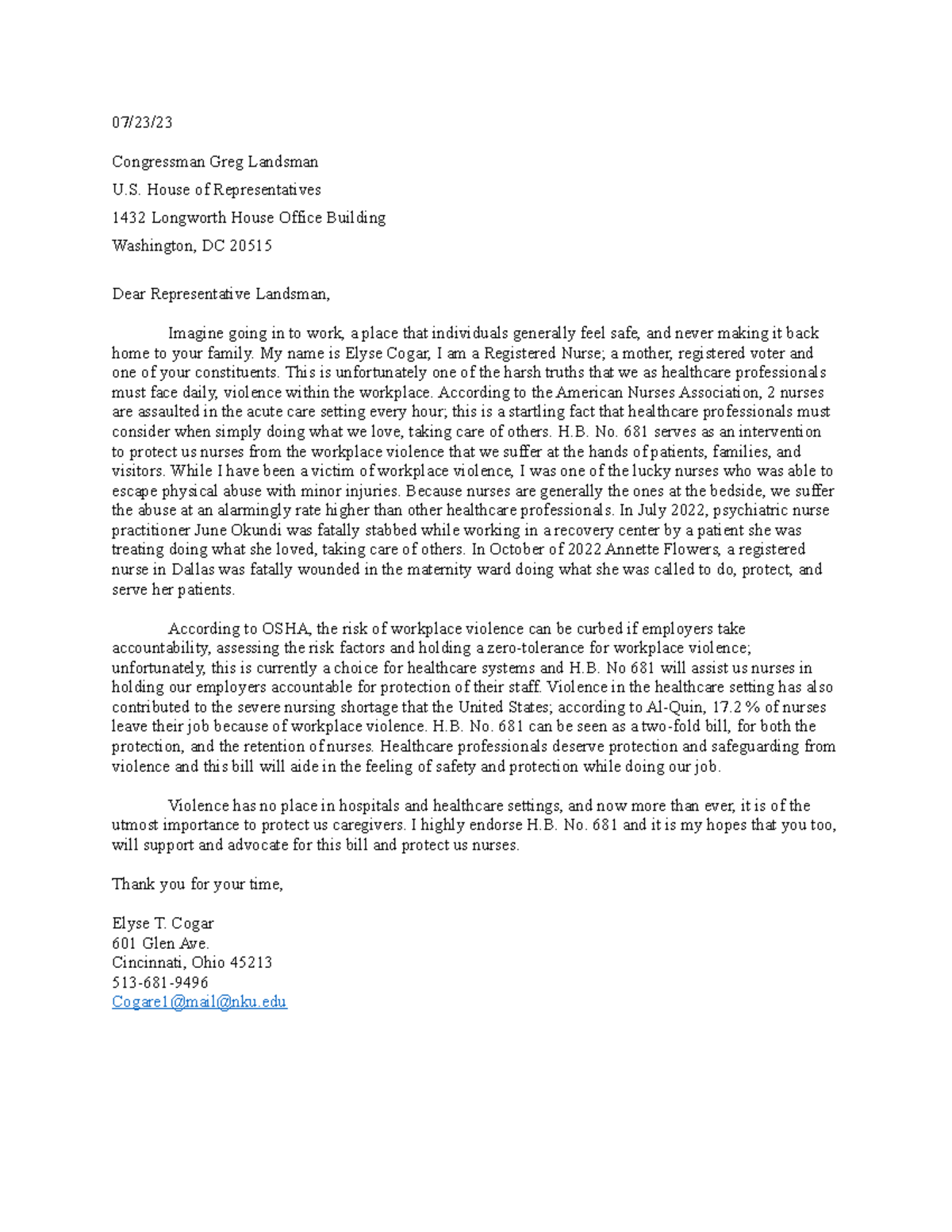 Letter to Legislator - 07/23/ Congressman Greg Landsman U. House of ...