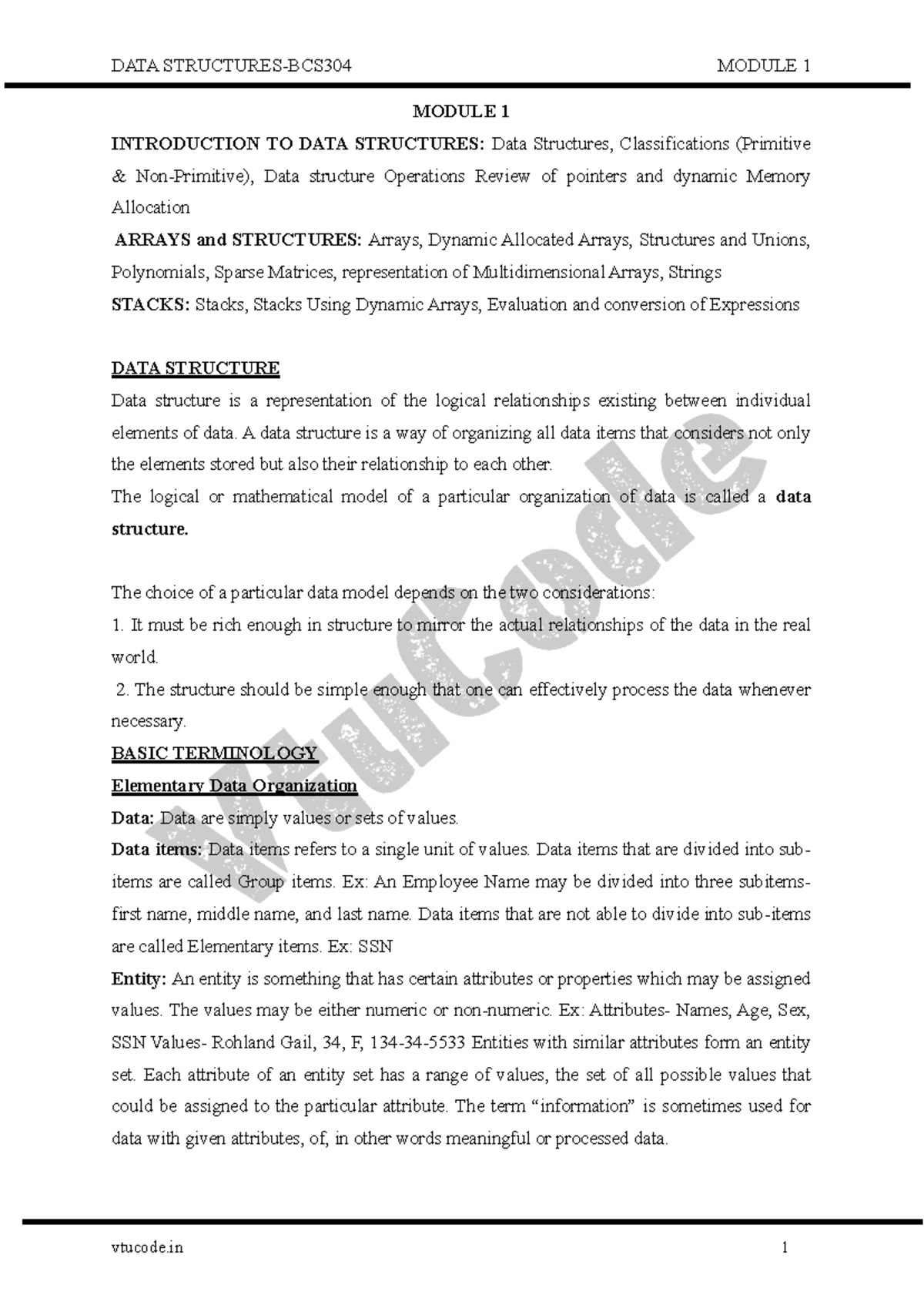 Mod 1 - WEE - MODULE 1 INTRODUCTION TO DATA STRUCTURES: Data Structures ...