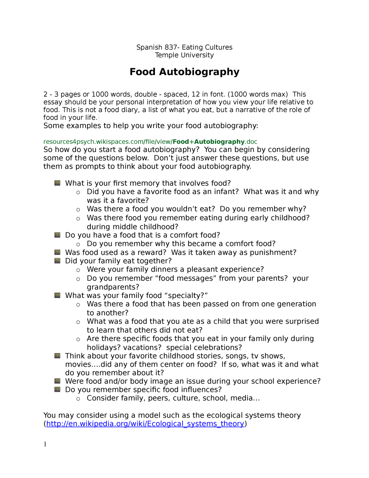 Food Autobiography - Grade: A+ - ENG 30 - Eating Cultures