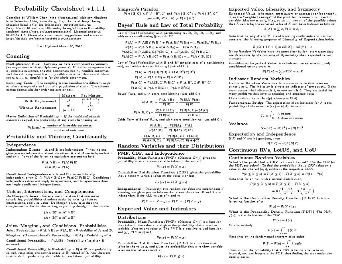 Probability Cheat Sheet CMU 101322 A - Probability Cheatsheet v1 ...