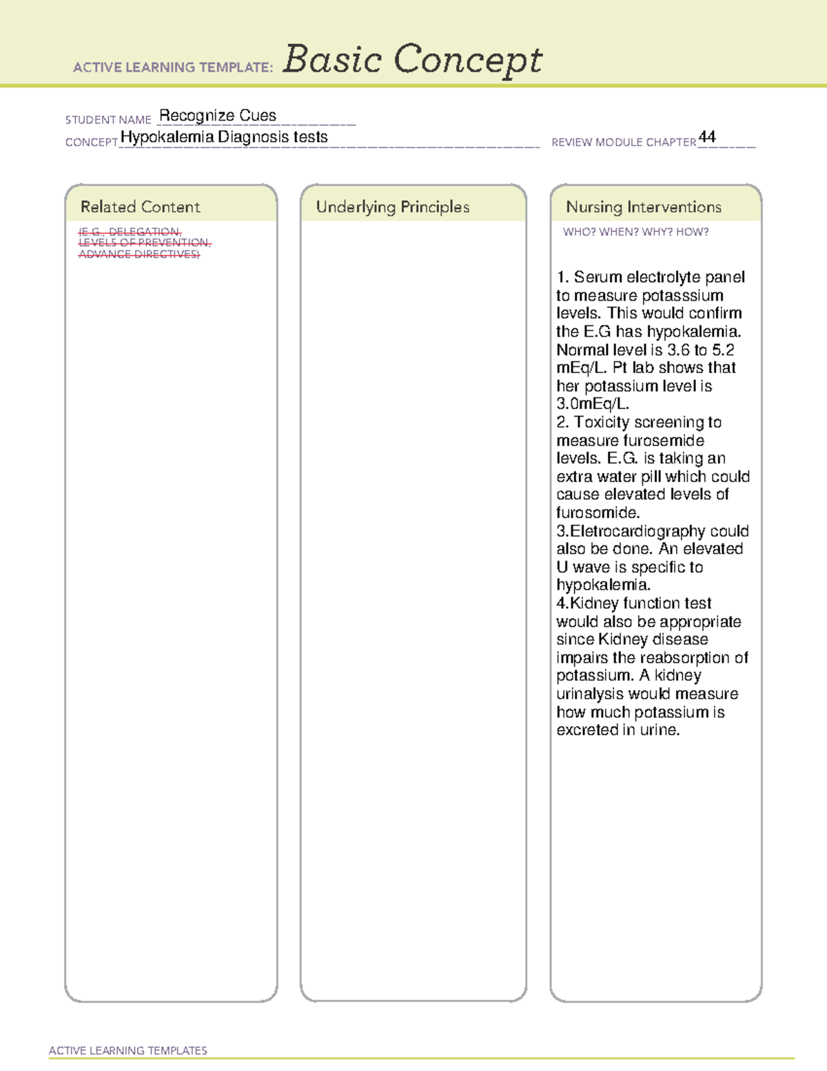 Hypokalemia Diagnosis tests - ACTIVE LEARNING TEMPLATES Basic Concept ...