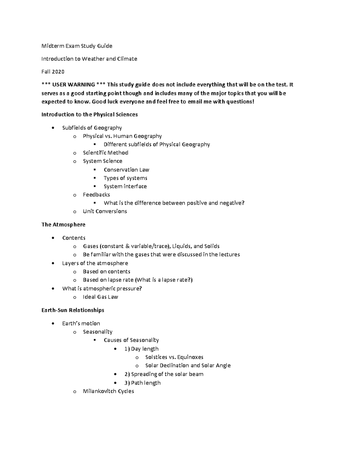 Midterm Study Guide - Midterm Exam Study Guide Introduction To Weather ...