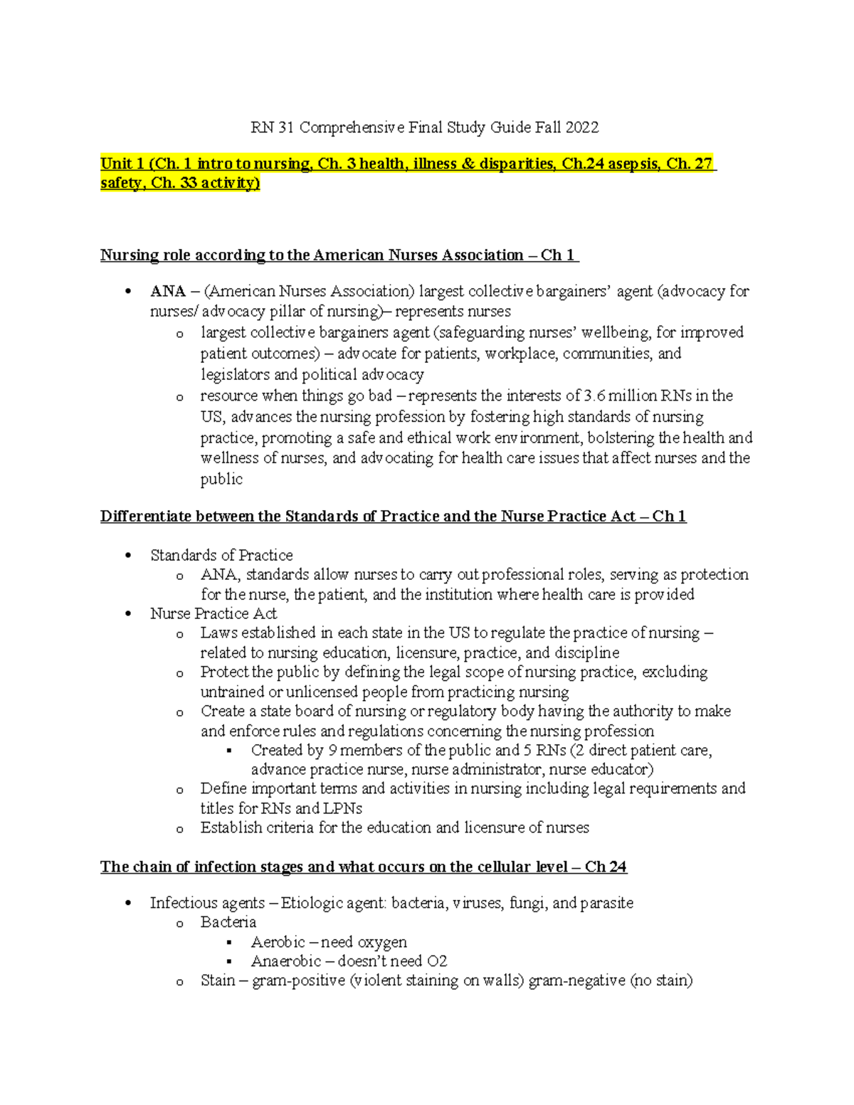RN 31 Comprehensive Final Study Guide Fall 2022 - 1 intro to nursing ...
