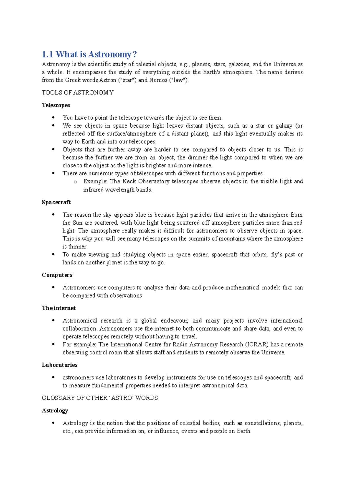 PHYS1160 Lesson 1 notes - 1 What is Astronomy? Astronomy is the ...