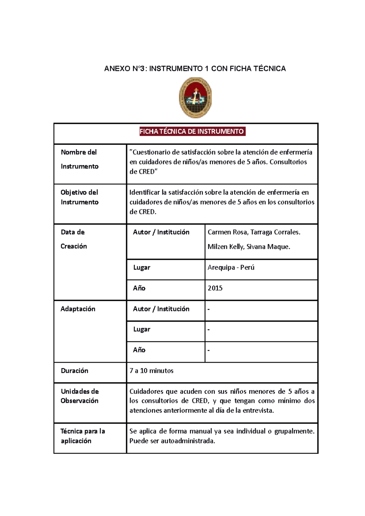 Ficha E Instrumento Modelo - ANEXO N°3: INSTRUMENTO 1 CON FICHA TÉCNICA